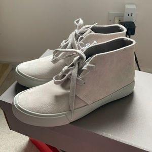Pale pink suede high top sneaker